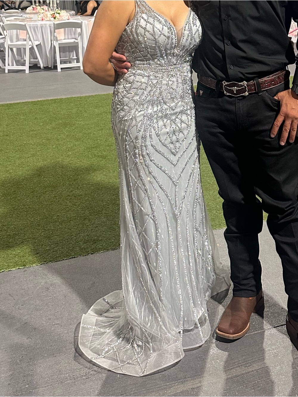 Silver Beaded Evening Gown